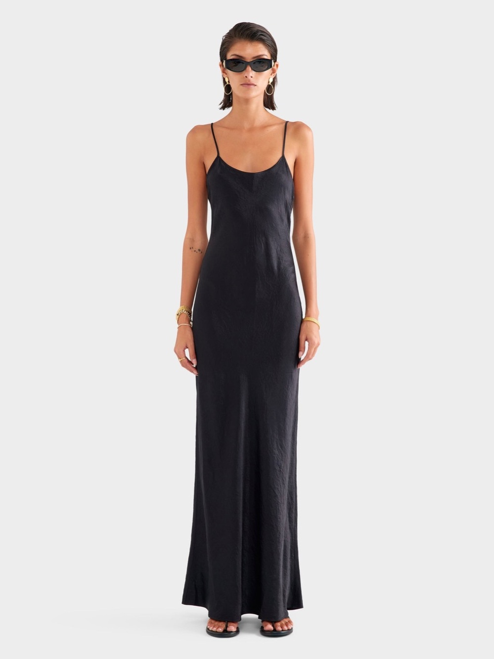 Venroy Crushed Satin Slip Dress in Black Size S
